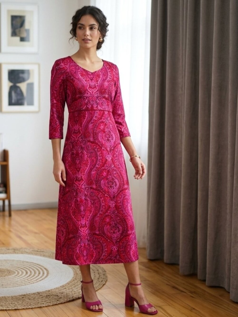 Poem Esteem Vintage 90s Fuchsia Paisley Midi Dress Wimsigoth Fairycore Boho US6